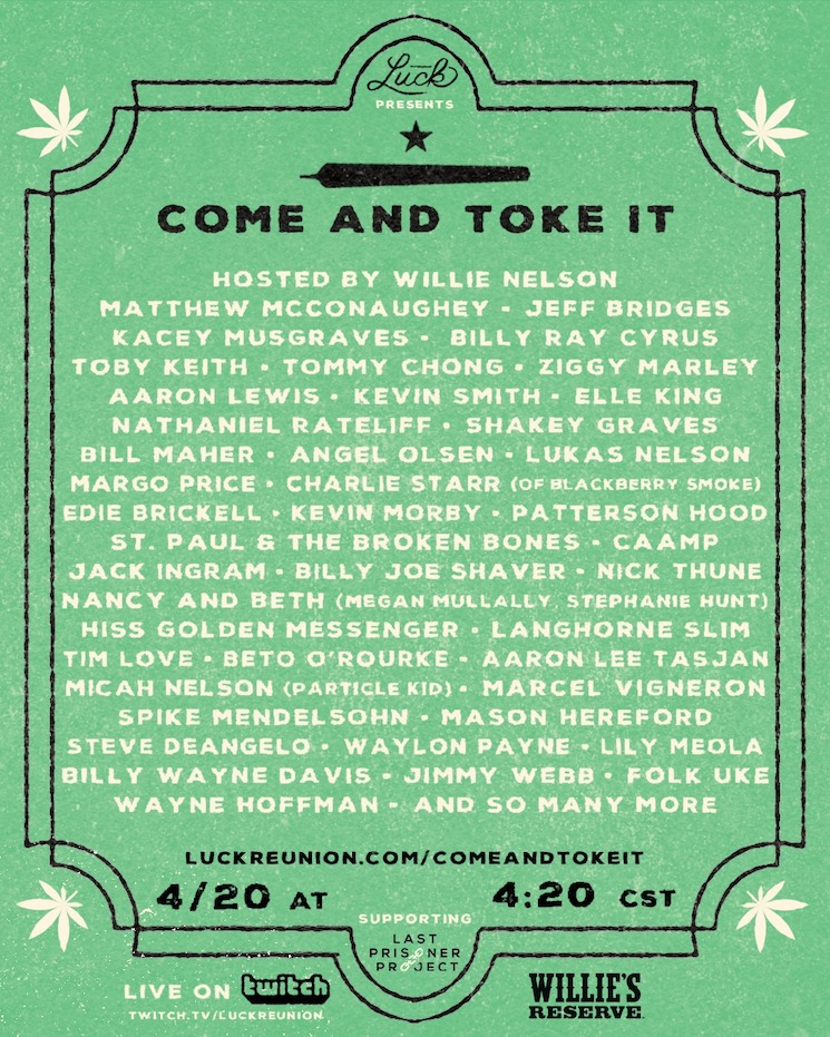 Willie Nelson Will Celebrate 4/20 on Twitch with Jeff Bridges, Kacey Musgraves, Angel Olsen 